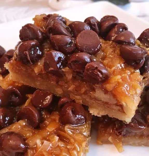 Easy chocolate caramel pecan bars cut into squares