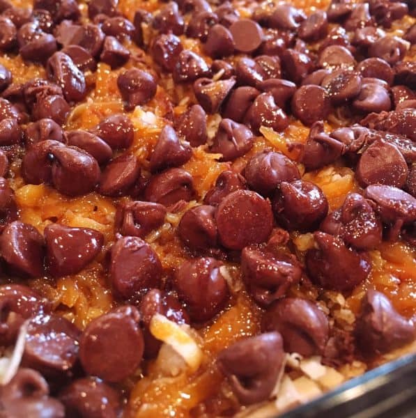 Easy Chocolate Caramel Pecan Bars in baking dish after baking