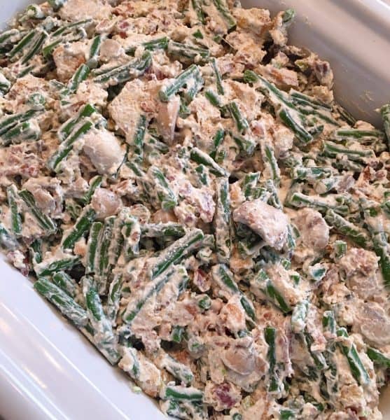 Green bean casserole mixture in greased baking dish