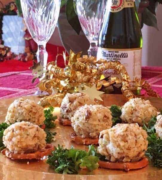 Mini blue cheese walnut balls on pretzels.