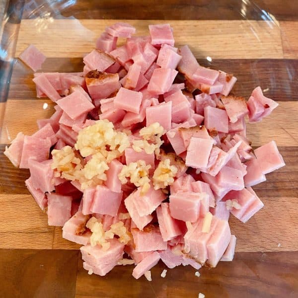 Ham and garlic in a bowl