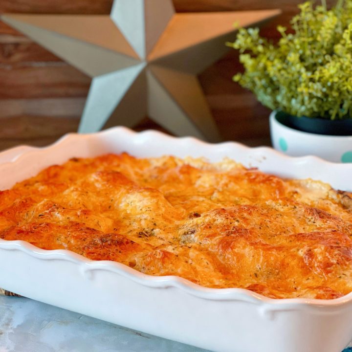 Chicken Crack Bubble Biscuit Casserole in a casserole dish