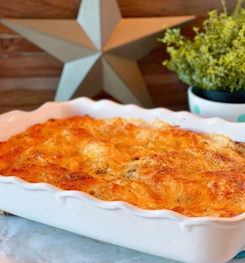 Chicken Crack Bubble Biscuit Casserole in a casserole dish