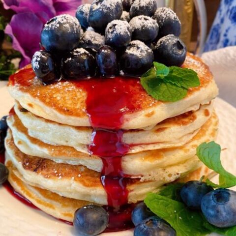 Stack of homemade blueberry buttermilk pancakes
