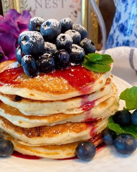 Stake of blueberry pancakes