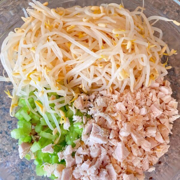 Adding bean sprouts and chicken to fresh vegetables