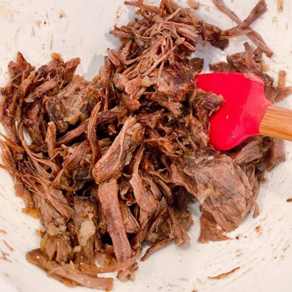 Shredded Beef in a bowl with gravy