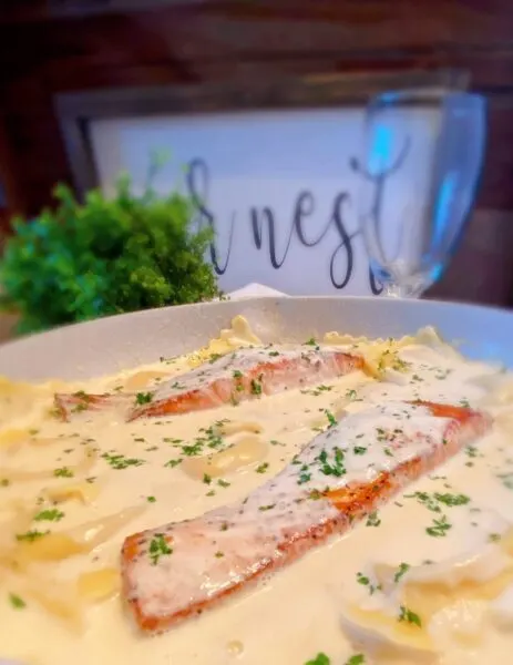 Salmon in cream sauce with Lobster ravioli