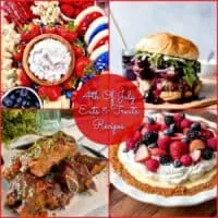 Collage of Patriotic Recipes four in total, a hamburger, party platter with desserts, ribs, and a lemon cream pie with berries on top.