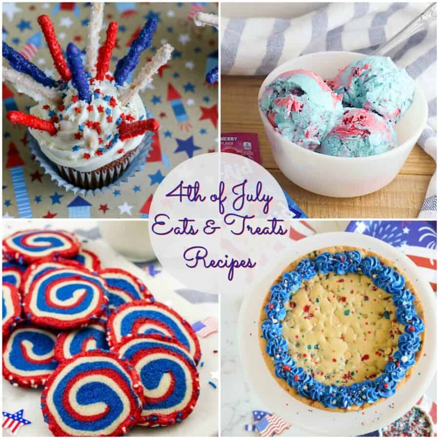 Collage of 4 photos of 4th of july recipes. upper right corner a cupcake with pretzel sparklers, left hand upper corner red, white and blue koolaid icecream, lower right corner large chocolate chip cookie with frosting, lower left corner red, white and blue pin wheel cookies.