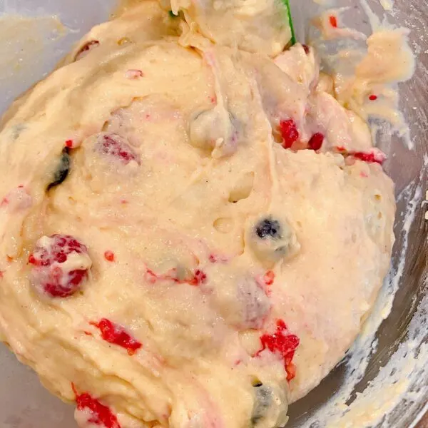 Muffin berry batter mixed and ready for the muffin tin.