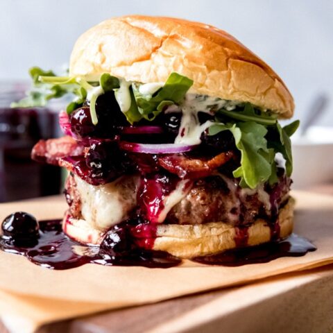 Image for Red, White, and Blueberry Bacon Burger with Basil Aioli