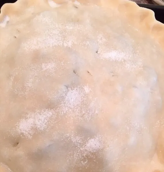 Plum Pie ready to go into the oven with the top sprinkled with sugar