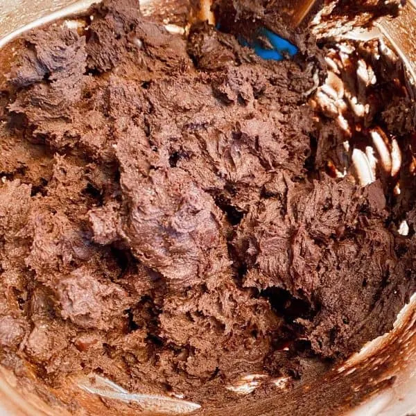 Cookie dough batter mixed in mixing bowl.