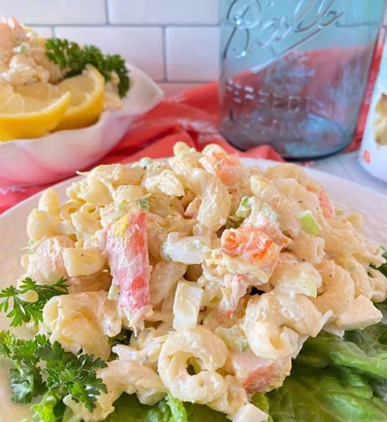 Plate full of Best Seafood Pasta Salad. 