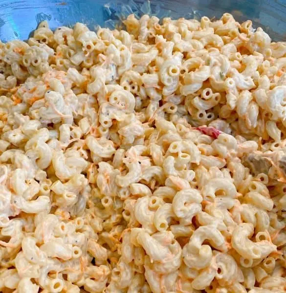 Traditional Hawaiian Pasta salad mixed together in a large bowl ready to be chilled.