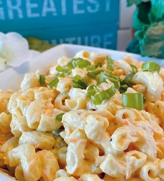 Close up photo of creamy traditional hawaiian pasta salad