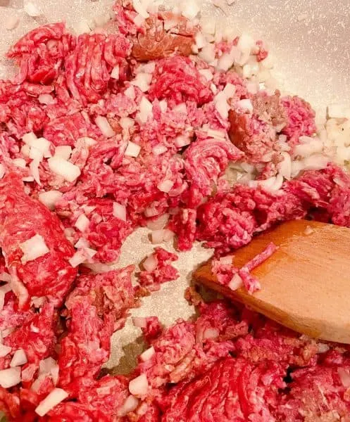 browning onion and ground beef in a large stock pot over medium-high heat.