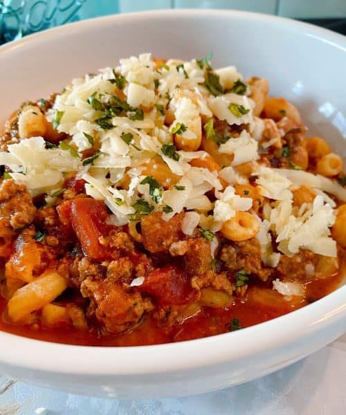 Bowl full of One Pot Goulash up close.