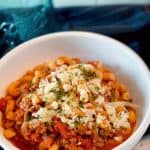 Bowl full of One Pot Goulash with melted cheese