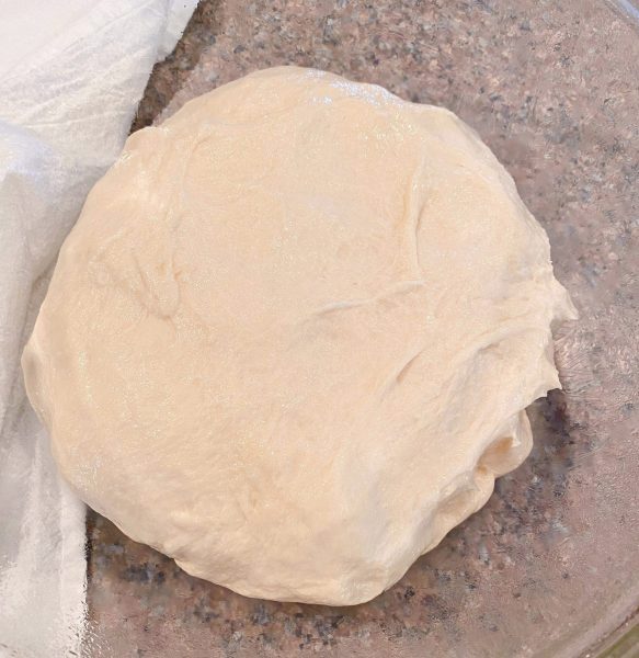 Bread dough in a oiled bowl. 