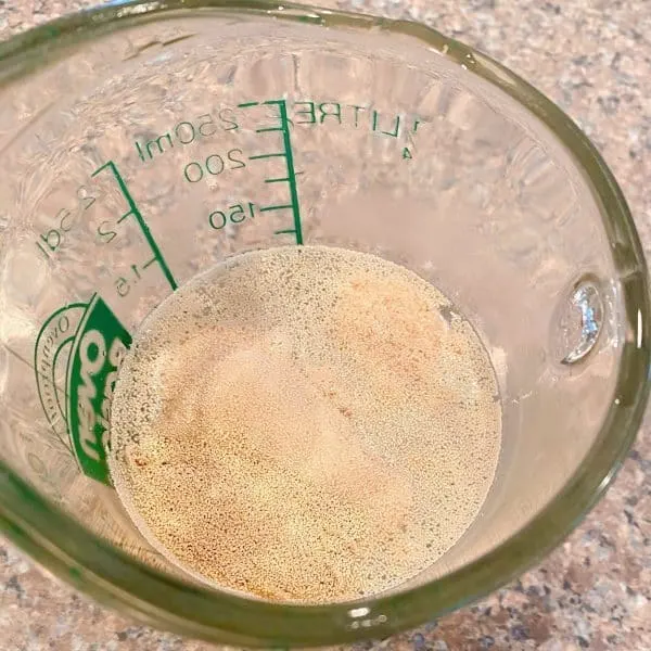 Adding yeast to warm water in a measuring cup.