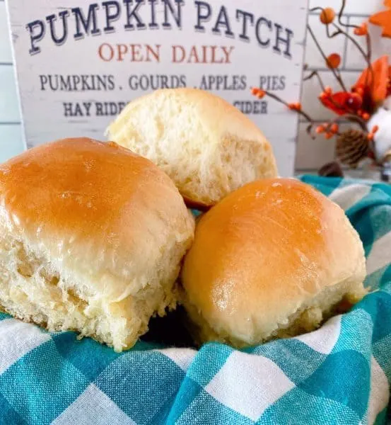 Basket full of dinner rolls.