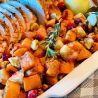Platter filled with Butternut Squash Medley and Turkey.
