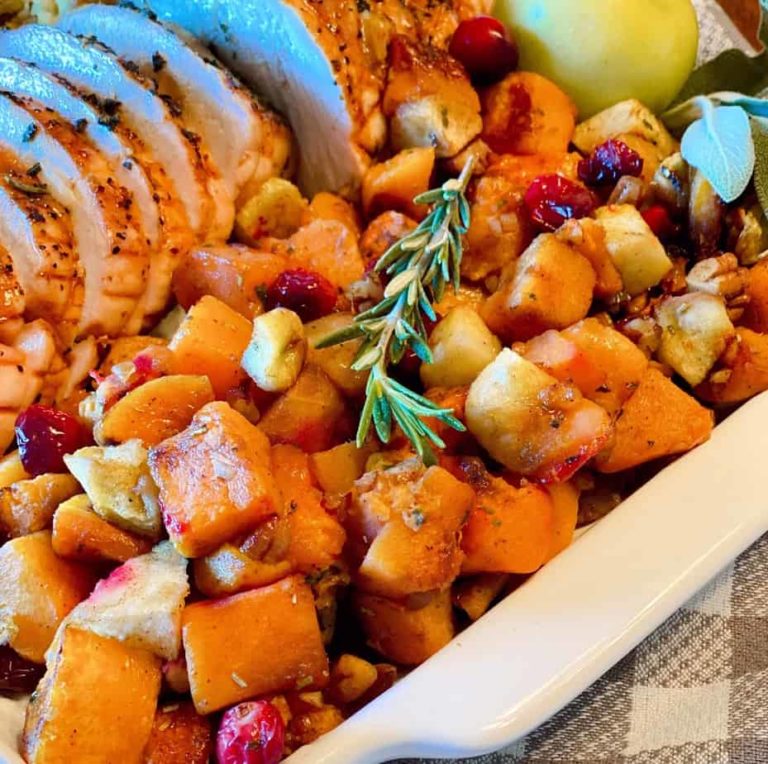 Platter filled with Butternut Squash Medley and Turkey.
