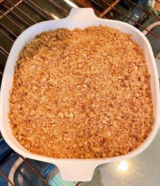 sweet potato casserole with the crumb topping sprinkled all over the top.