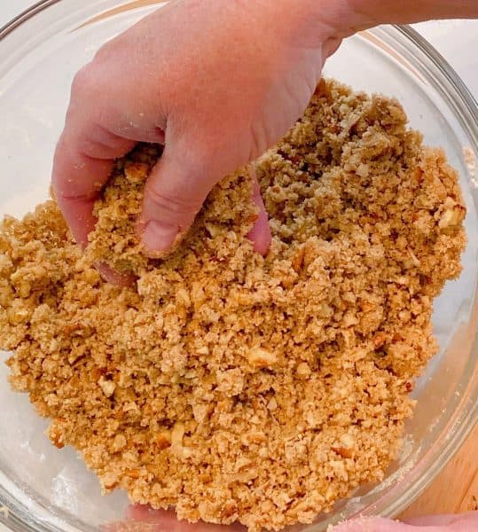 Mixing the Crumb topping ingredients with my hands.