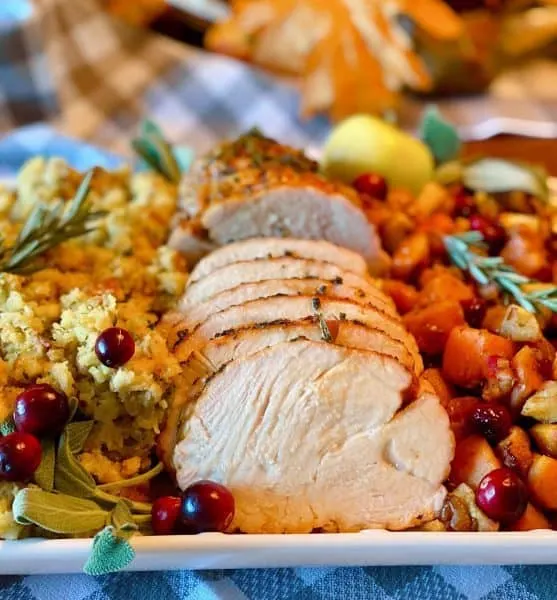Full Thanksgiving Turkey Dinner on a platter.