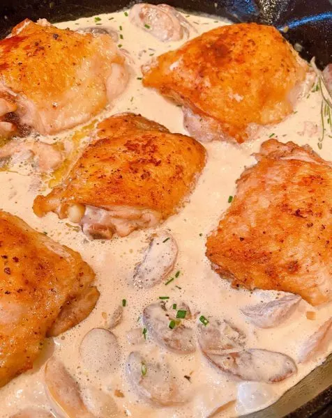 Adding chicken thighs back into herbed mushroom sauce.