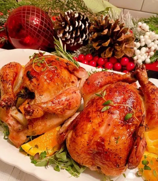Cornish Game hens on a serving platter