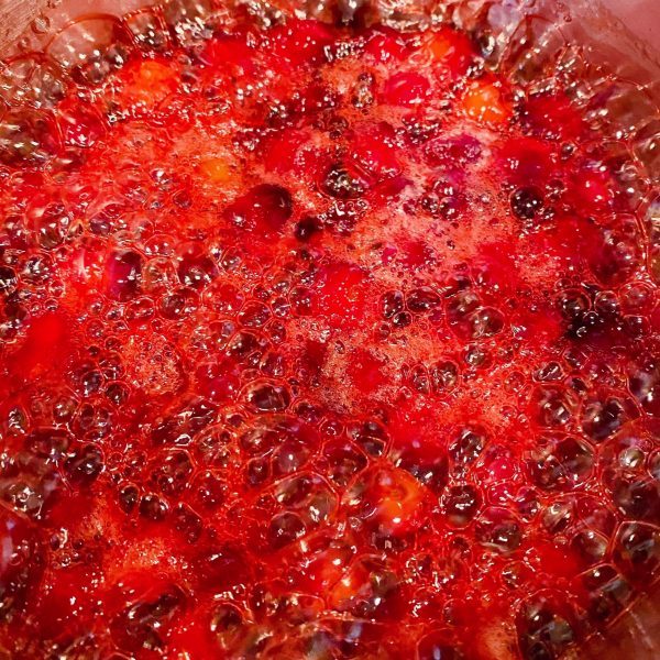 Cranberry Sauce boiling in medium sauce pan