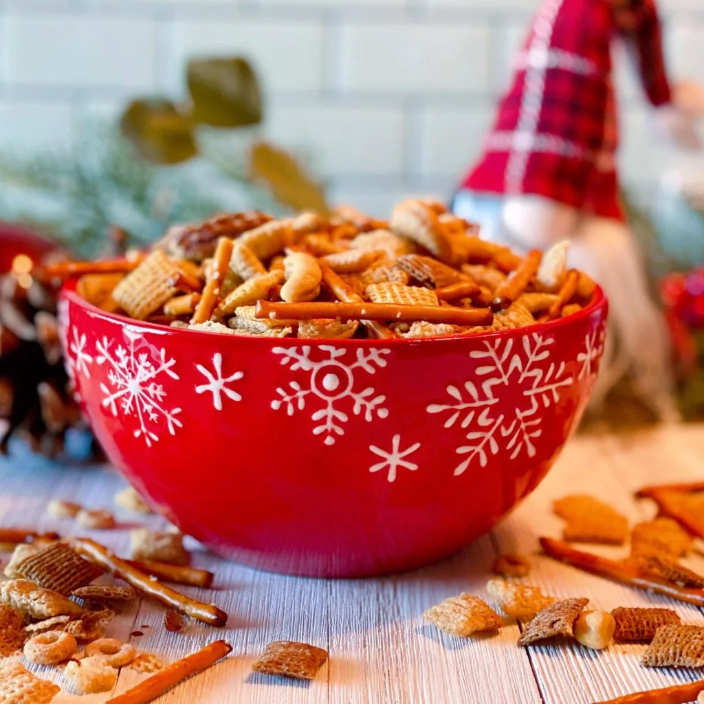 Red Bowl full of Scrabble Chex Mix