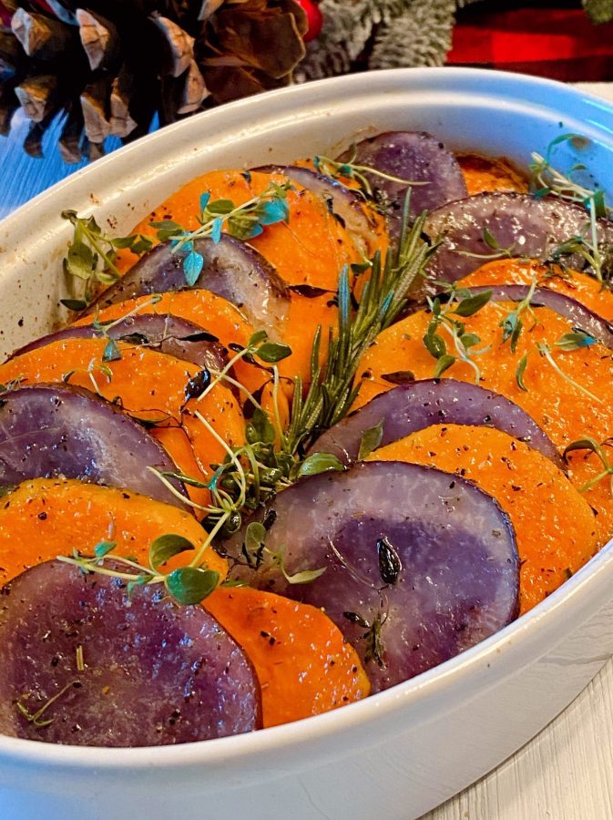 Casserole dish filled with Sweet Baked Potato Medley