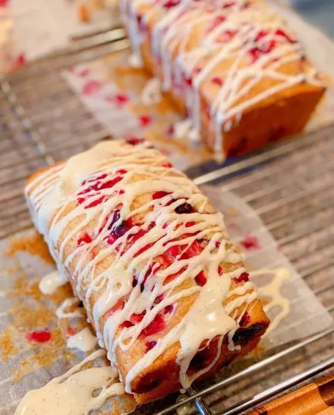 Cranberry Eggnog bread with glaze added