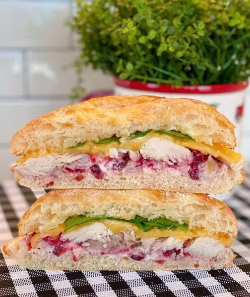 Hot Turkey Sandwich cut and stacked on top of each other.