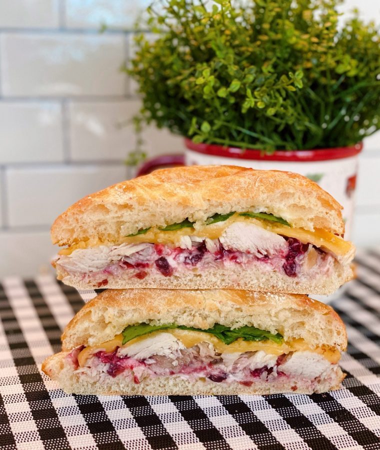 Hot Cranberry Turkey Sandwich cut in half.