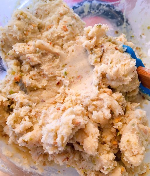 Cookie dough in mixing bowl