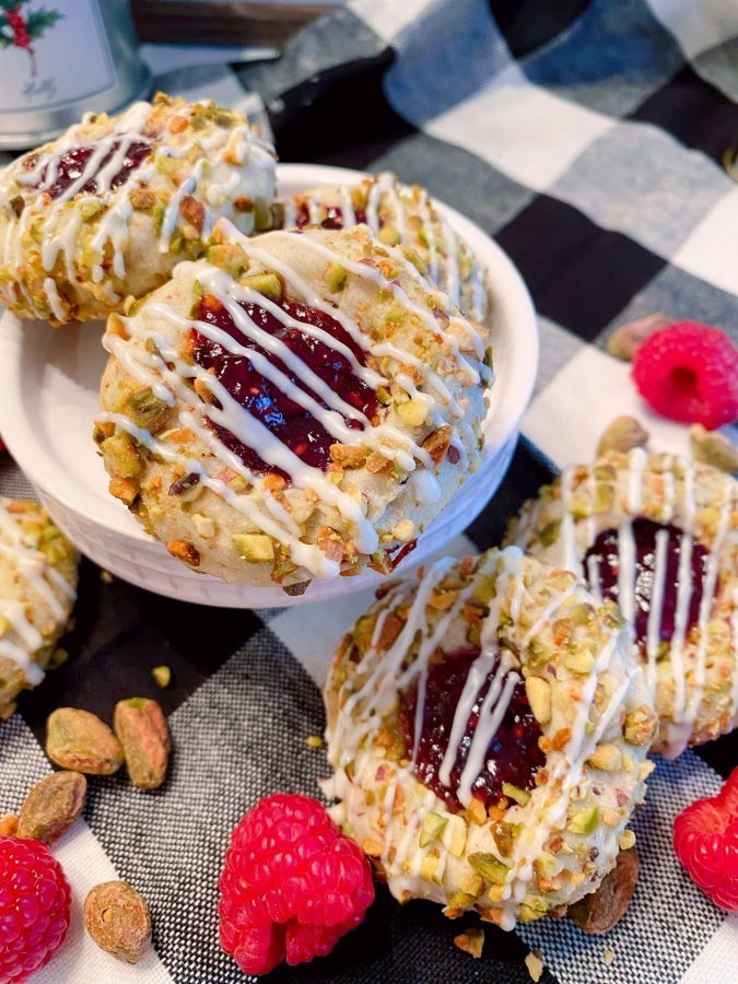 Raspberry Pistachio Thumbprint Cookies