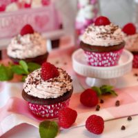 Cupcakes in a group with fresh raspberries and chocolate.