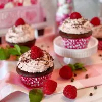 Cupcakes in a group with fresh raspberries and chocolate.