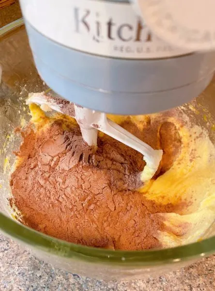 Adding dry ingredients into the cake batter mixture in the mixer. Alternating between the dry and wet ingredients.