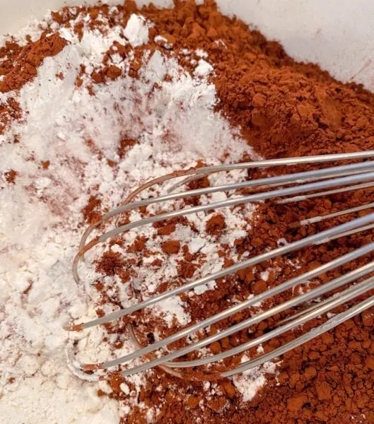Flour, cocoa powder, baking soda, and salt in a medium size bowl.
