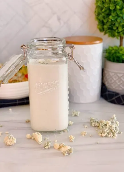 Blue Cheese Dressing in storage jar.