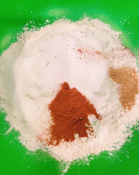 Dry ingredients in a mixing bowl. 