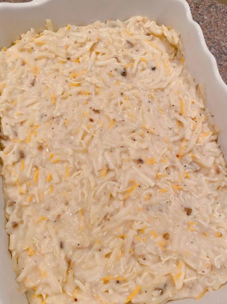 Potato mixture in baking dish and spread evenly.