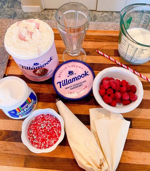 Ingredients for making the Raspberry White Chocolate Milkshake.